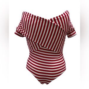 UNIQUE VINTAGE women’s Red and White Striped Off-Shoulder Bodysuit